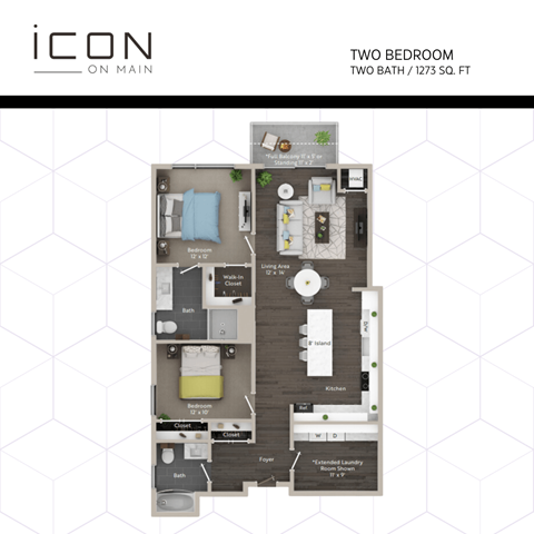 dimensional floor plan of a two bedroom 2100 sqft